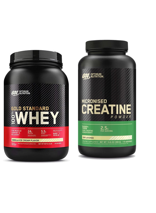 Optimum Nutrition عرض حزمة حصرية - مسحوق بروتين مصل اللبن 100% معيار ذهبي 2 رطل بنكهة آيس كريم الفانيليا ومسحوق الكرياتين المجهرية بدون نكهة 300 جرام 115 حصة - Image 1